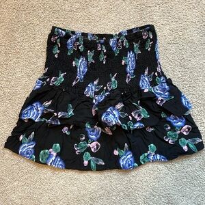 Wild Fable Floral Print Smocked Tiered Ruffle Mini Skirt Black XS